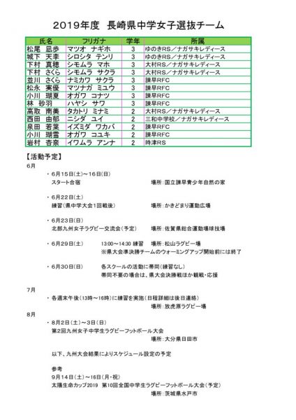 2019 長崎県中学女子選抜選手及びスケジュールのサムネイル